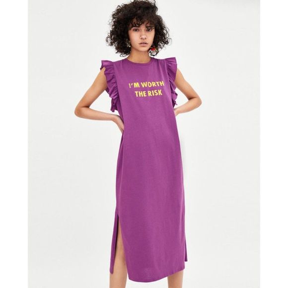 ZARA Women's Midi T-Shirt DRESS WITH FRILLS AND INSCRIPTION Violet - Picture 2 of 5